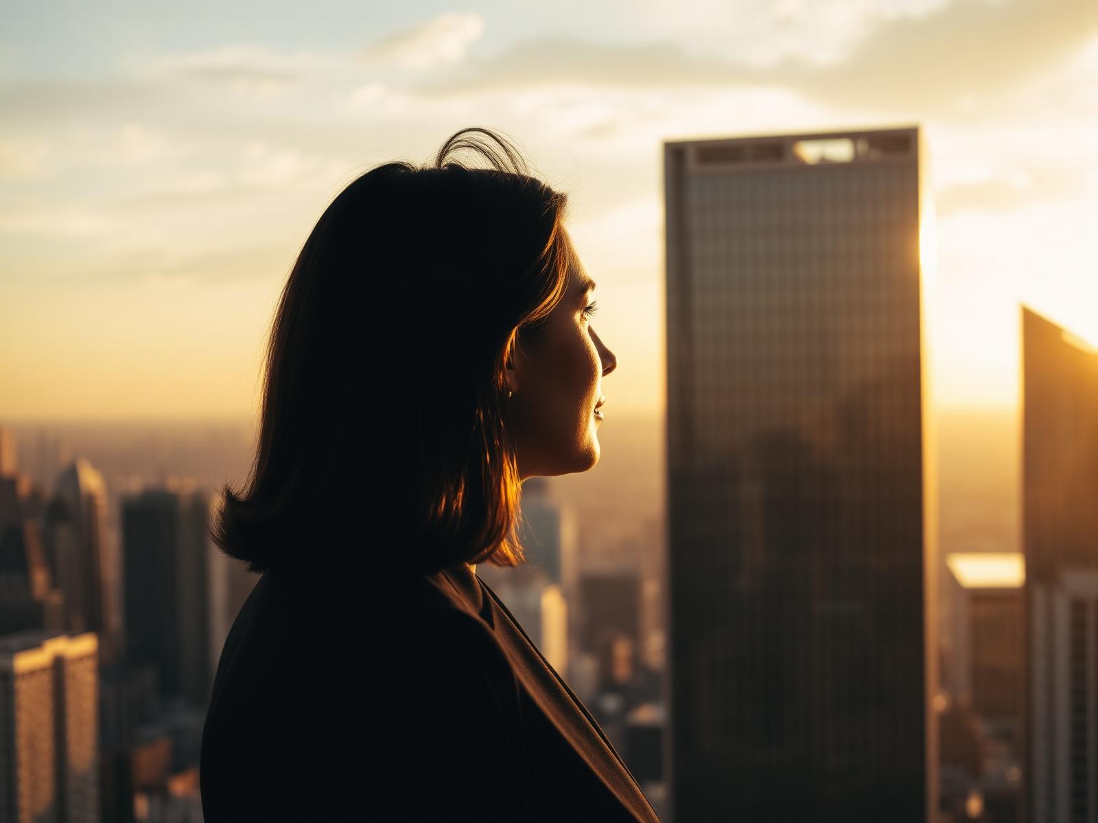 Professional looking out over a global city skyline at golden hour